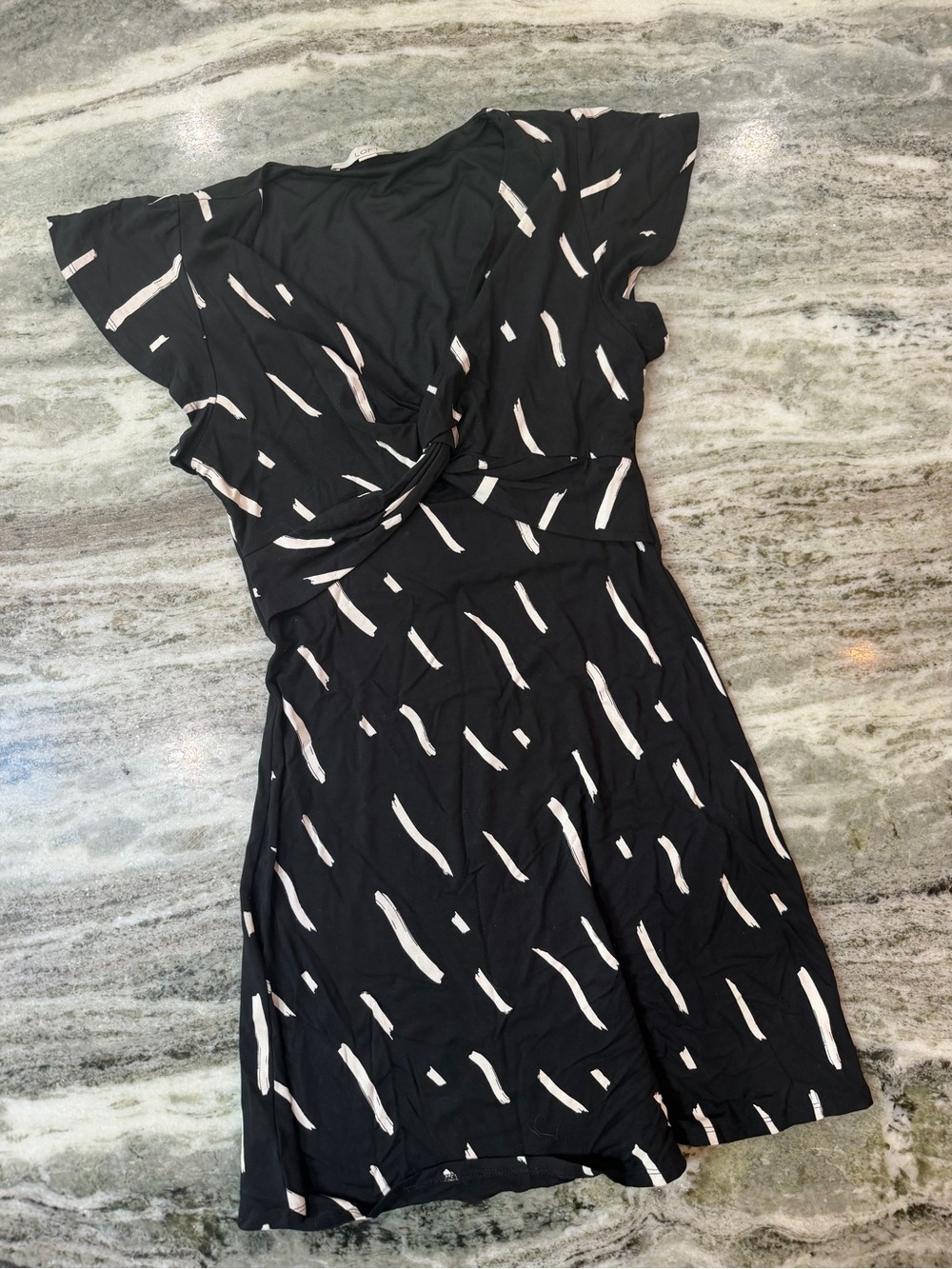 LOFT Black Dress with Cream Brushstroke Print - Wrap-Front Flutter Sleeve